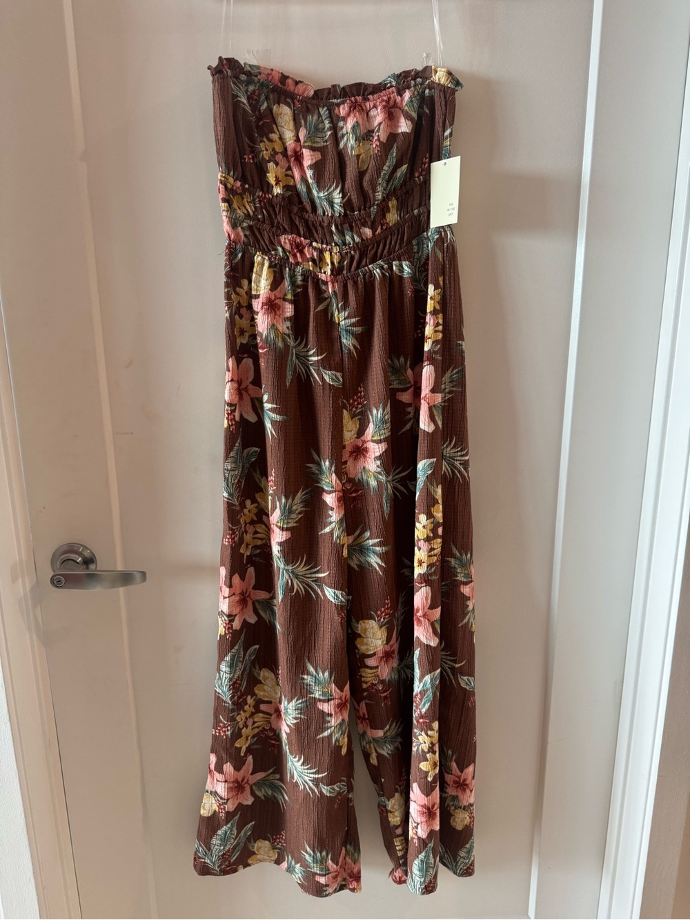 Strapless Floral Wide-Leg Jumpsuit in Brown and Pink